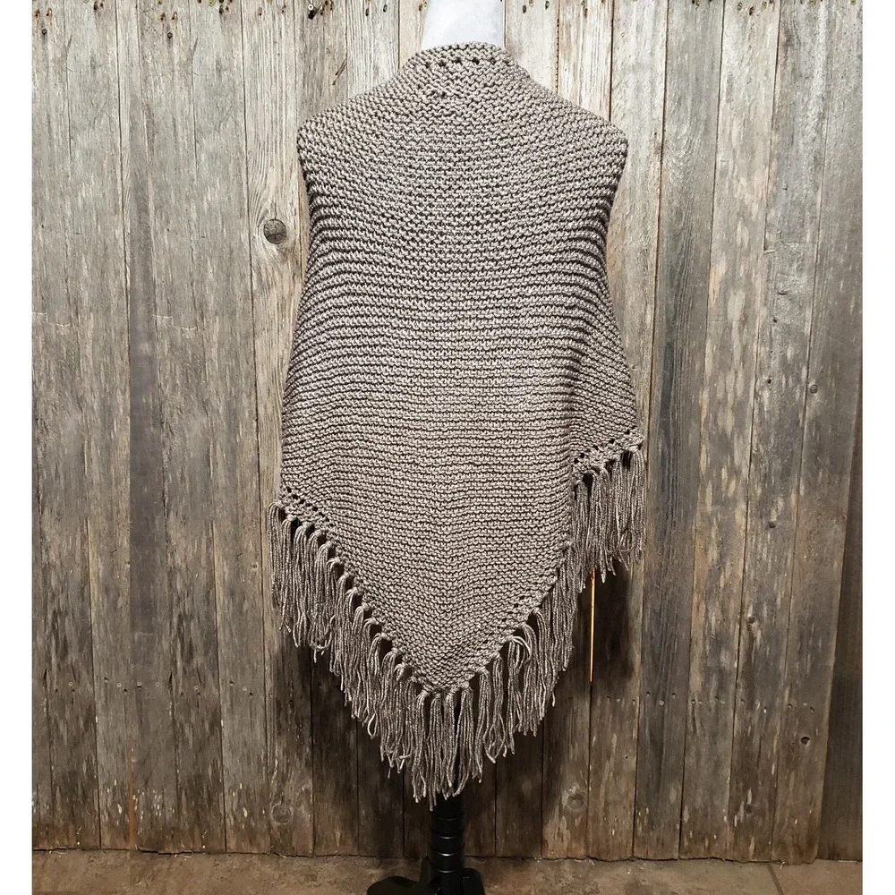 NEW‎ Taupe Metallic Hand Knitted Shawl Wrap Scarf Boho Hippie Fringe Art Cottage